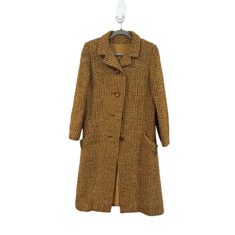 VTG 1960s Wool Tweed Long Coat Mustard Gold Heavyweight Mod Trench Jacket Vogue